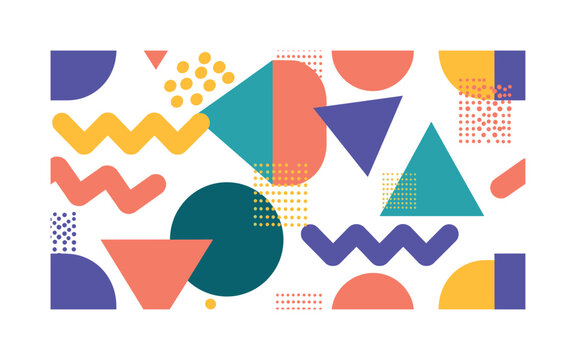 bold abstract color blocks seamless pattern, energetic shapes, zigzags, dots, triangles, and circles in contrasting bright tones arranged in a repeating