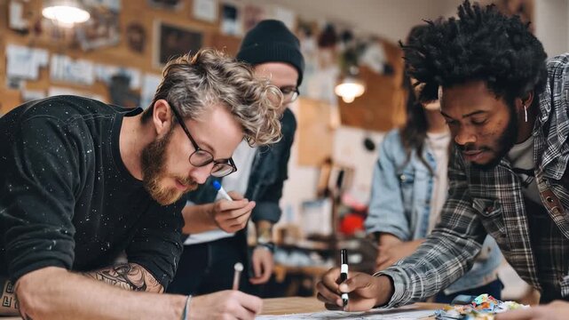 Creative team brainstorming ideas for a startup in a collaborative workspace filled with energy and innovation