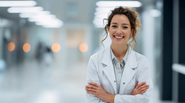 Confident young female doctor smiles warmly while standing in a bright, modern medical facility during daytime, showcasing her dedication to patient care and professionalism