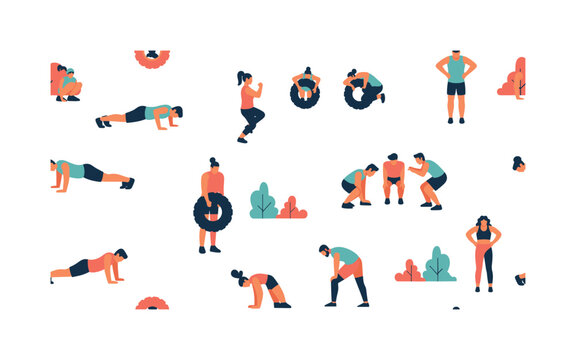 outdoor bootcamp workout seamless pattern, groups doing pushups tire flips jumping drills and stretching arranged in a repeating pattern, white background with