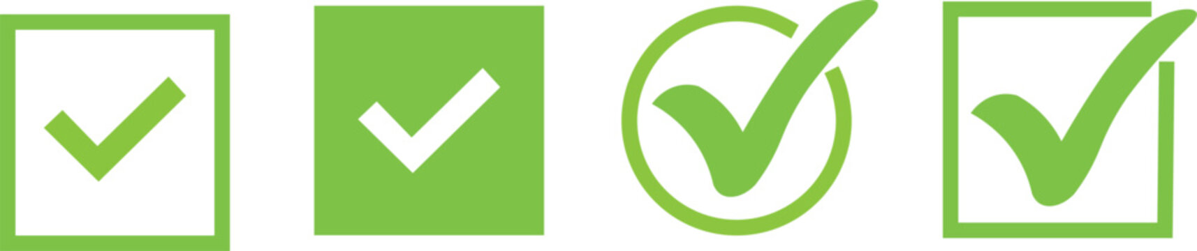 Green checkmark icons in various shapes and boxes for approval and confirmation concepts  vector graphics for digital design and editing