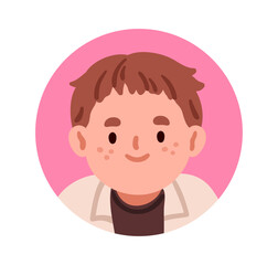 Obraz premium Cute boy, round face avatar. Smiling happy child, head portrait, circle user profile. Preschooler, kindergarten kid character with freckles. Flat vector illustration isolated on white background