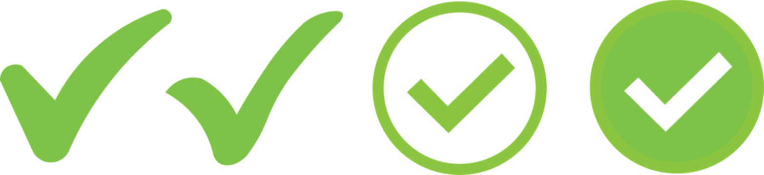 Green checkmark icons in different shapes and styles for approval and confirmation  green tick symbols for correct and right answers
