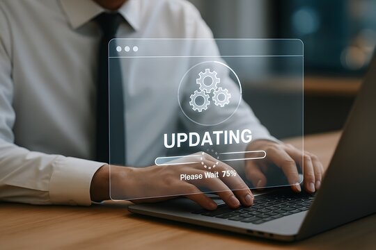 Businessman typing on a laptop keyboard, with a holographic screen overlay showing "updating" with a progress bar, indicating a software or system update process.