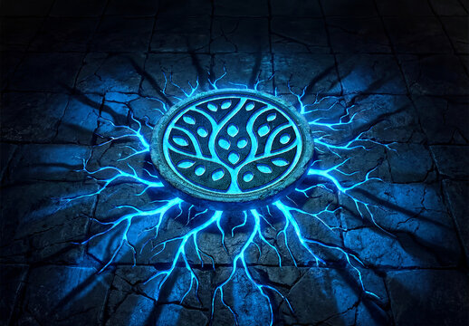 Blue Glowing Logo Engraved in a Dark Pedestral Stone Mockup
