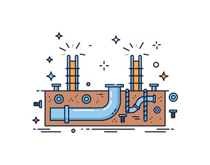 Obraz premium Foundation foundation slab with embedded pipes and reinforcements representing integrated construction, planning, and structural integrity. Decorative spark