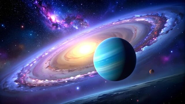 A cosmic vista features a bright galaxy, planets, and starry skies, evoking celestial beauty