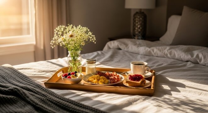 Breakfast tray on bed with flowers.