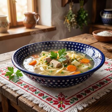 Authentic Homemade Chicken Noodle Soup with Fresh Parsley and Carrots in a Traditional Blue Polka Dot Ceramic Bowl