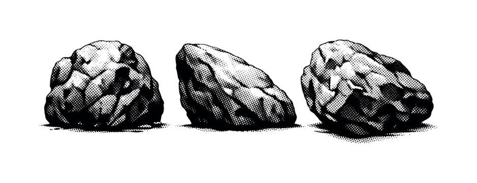Rocky seabed boulder, large irregular seabed boulder with rough surface texture shown from front view, side view, and angled perspective with realistic mass.