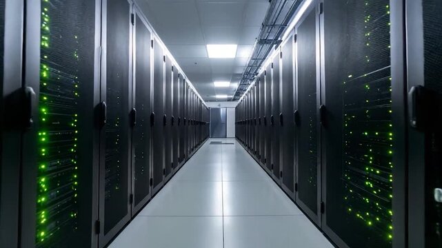 A data center hallway showcases rows of servers with green lights, a door at the end