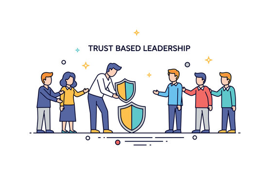 Trust based leadership represented by a leader figure lowering a small shield while team members stand nearby with supportive gestures. The scene communicates