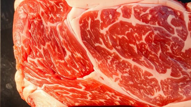 A detailed close-up of a cut of raw red meat, showcasing intricate marbling patterns