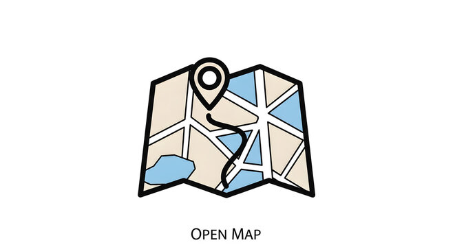 Open map icon with location pin and winding road path, mobile app navigation UI element vector illustration