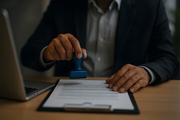 Fototapeta premium Professional businessman in a suit is meticulously stamping an official document on a wooden desk with a laptop nearby, indicating approval or completion of a task.