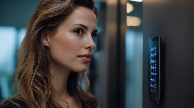 Young woman inputs security code on keypad in modern, stylish interior setting during daytime
