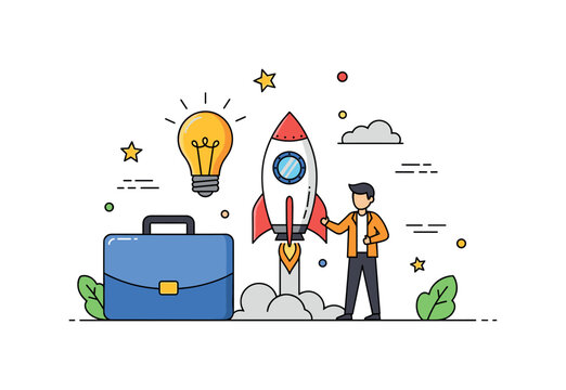 Entrepreneurship journey ambitious founder standing beside a small startup rocket preparing for launch while a briefcase and lightbulb icon highlight new ideas