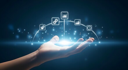 Obraz premium Technology background with a hand holding glowing icons and connections