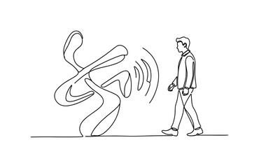 Obraz premium Motion Responsive Sculpture. Minimalistic one-line drawing person walking near a kinetic sculpture reacting to movement, continuous single black line on white