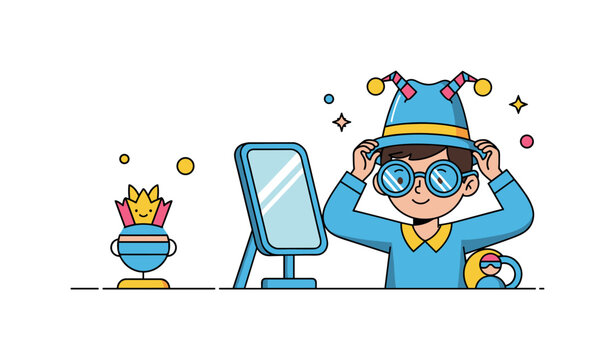 Mirror costume check where a child adjusts a funny hat and oversized glasses while looking proudly into a small mirror. The charming moment expresses humor,