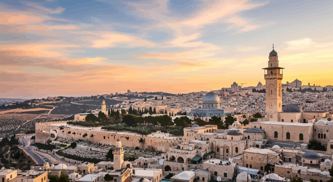 Golden hour illuminates the historic holy city of Jerusalem, a UNESCO World Heritage site