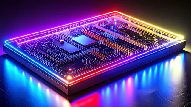 A glowing circuit board with neon accents and intricate wiring, set against a dark, reflective surface