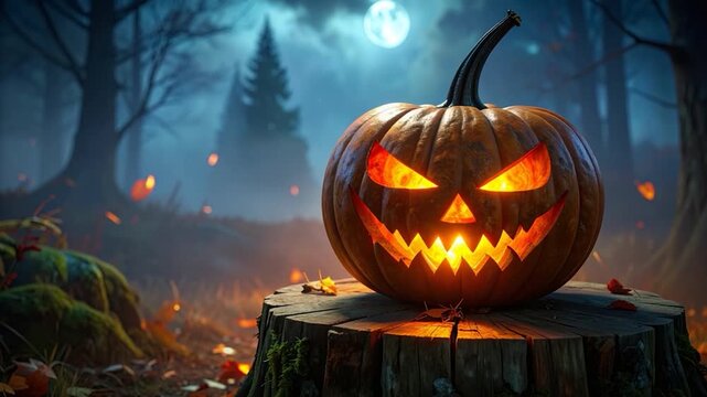 A glowing carved gourd sits on a stump in a spooky forest under a full moon