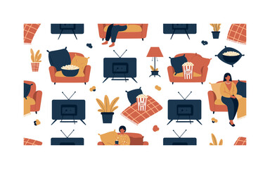 Fototapeta premium Movie night at home seamless pattern, people watching television with popcorn bowls cozy blankets and cushions arranged in a repeating pattern, white