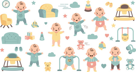 Naklejka premium Baby Daily Activities Vector Set with Infants Playing Sitting Walking Using Walker and Nursery Items for Child Development Illustration.