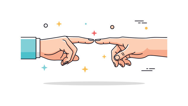 Human touch concept with fingertips of two reaching hands almost connecting in the center. The scene symbolizes trust, care and the powerful meaning of simple