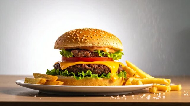 A juicy burger with sesame bun, cheese, tomato, lettuce & fries on a white plate. Close up
