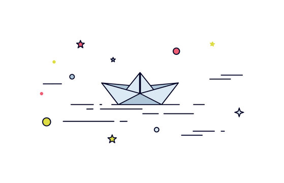 Paper boat journey visualized by a small origami boat drifting across simple water lines with gentle motion marks. Calm playful scene reflecting curiosity and