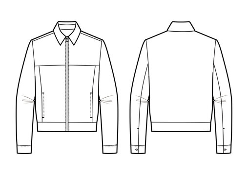 Mens zip up jacket technical flat fashion sketch vector template illustration front and back view collared lightweight casual outerwear apparel CAD drawing design mockup concept
