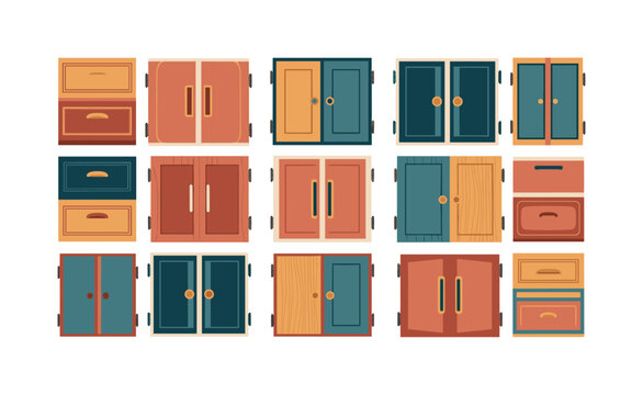 kitchen storage doors seamless pattern, cabinet doors with knobs, hinges, handles and subtle wood textures arranged in a repeating pattern, white background