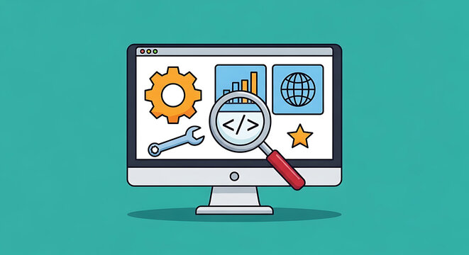 A computer monitor displays coding symbols and a magnifying glass on a teal background with tech icons.