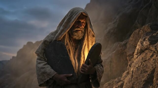 Cinematic scene of the Prophet Moses (Moshe) wearing a hooded robe, carrying the stone Tablets (Luchot) of the Covenant down a rugged, dusty mountain.