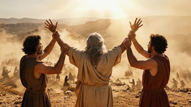 Biblical concept of Aaron and Hur holding up the arms of Moses during the battle against the Amalekites, Exodus story. Teamwork, support and faith concept, cinematic