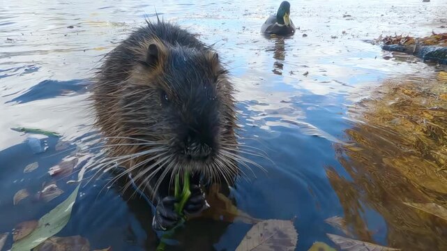 Close-up of Muskrat (Ondatra) sitting in water among floating fallen yellow autumn leaves and gnaws willow twig, eating its juicy green bark, with wild ducks swimming in background