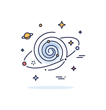 Milky Way exploration concept centered on a simple spiral galaxy icon with a tiny planet and star symbols orbiting around it. Educational cosmic