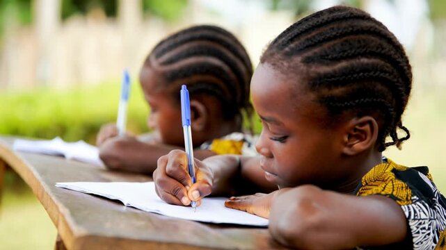 African boys writing in a notebook at a wooden school desk outdoors. Education, learning and opportunity in a developing rural community.