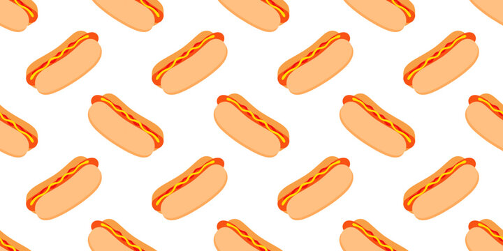 Hot dog seamless pattern for textile, wallpaper, wrapping paper, fast food decor and picnic designs