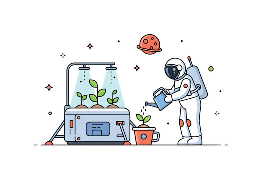 Mars farming concept with a compact hydroponic plant system glowing inside a small habitat module while an astronaut gently waters a seedling. The visual