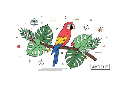 Tropical jungle parrot colorful parrot perched on a curved tropical branch surrounded by large monstera leaves and tiny flowers while small spark icons