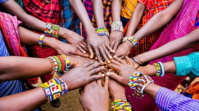 Close up of African community hands stacked together with colorful beaded bracelets, symbolizing unity, teamwork, culture and solidarity.