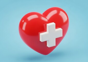 Fototapeta premium 3D glossy red heart with white medical cross symbol on light blue background healthcare love cardiology and insurance concept