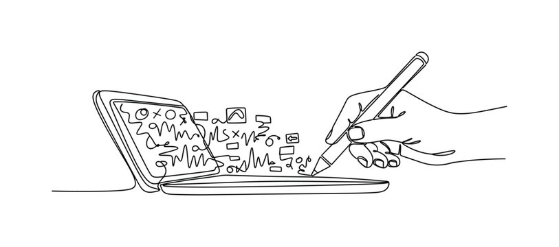 AI Text Creation. Minimalistic one-line drawing stylus or hand interacting with tablet producing digital content automatically, continuous single black line on