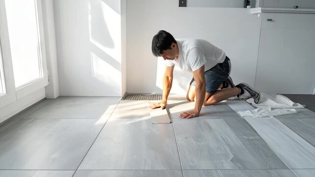 A person lays tiles in a modern room, applying grout and placing them on the floor