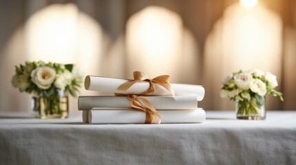 Elegant stacked graduation diplomas tied with gold ribbon on linen table between rose bouquets for ceremony banner and award background National Dissertation Day