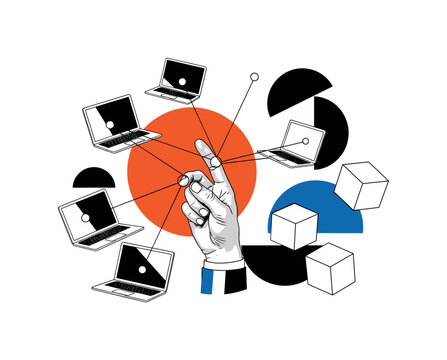 human hand trying to connect scattered laptop screens with thin lines, black and white cut-out objects with white contour outline, bold orange circle behind