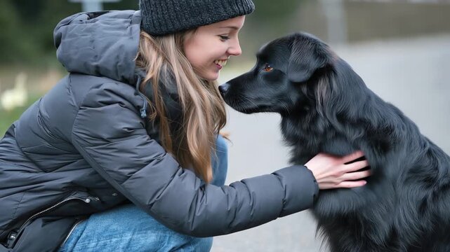 Woman kneeling on a walkway while looking affectionately at her black dog during a calm outdoor moment in a natural setting